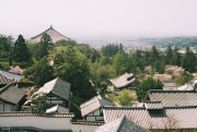 The roof of Todai-ji and Nara from Nagtsu-do 